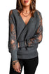 Sexy V Neck Surplice Hollow-Out Sweater With Lace Sleeves
